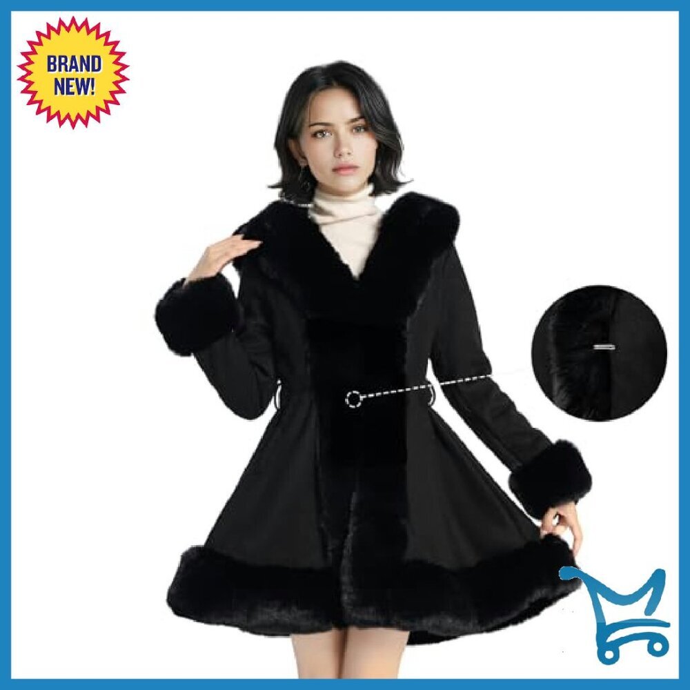 Faux Fur Leather Peplum Parka Coat with Belt, Winter Women's Jacket - Picture 3 of 7